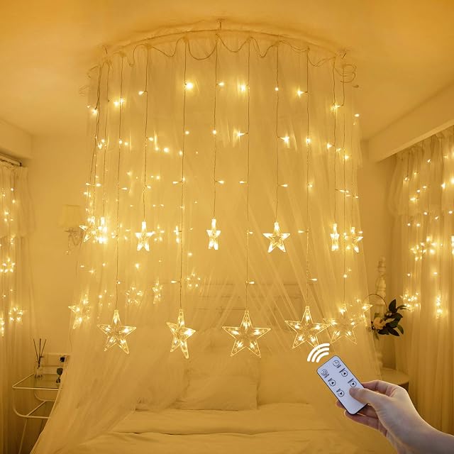Christmas Window Lights 138 Led Christmas Lights with 8 Flashing Modes Remote Control Curtain Fairy String Lights with Hook 12-Star for Christmas Wedding Bedroom Party Birthday