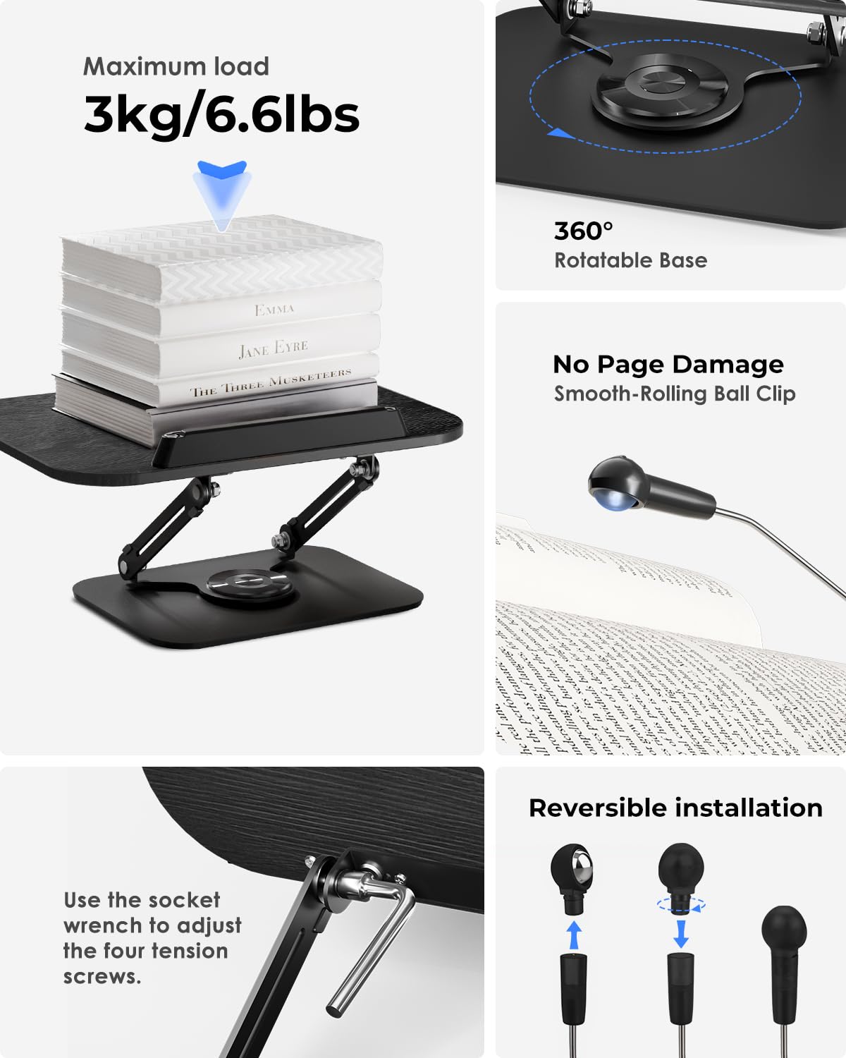 Viozon Buchständer zum Lesen, Buchhalter, Höhe und Winkel verstellbar, um 360° drehbare Basis, faltbar und tragbar, leicht, für Büro, Küche, Schule, Lehrbuch, Rezept, Zeitschriften, Tablet, Kindle