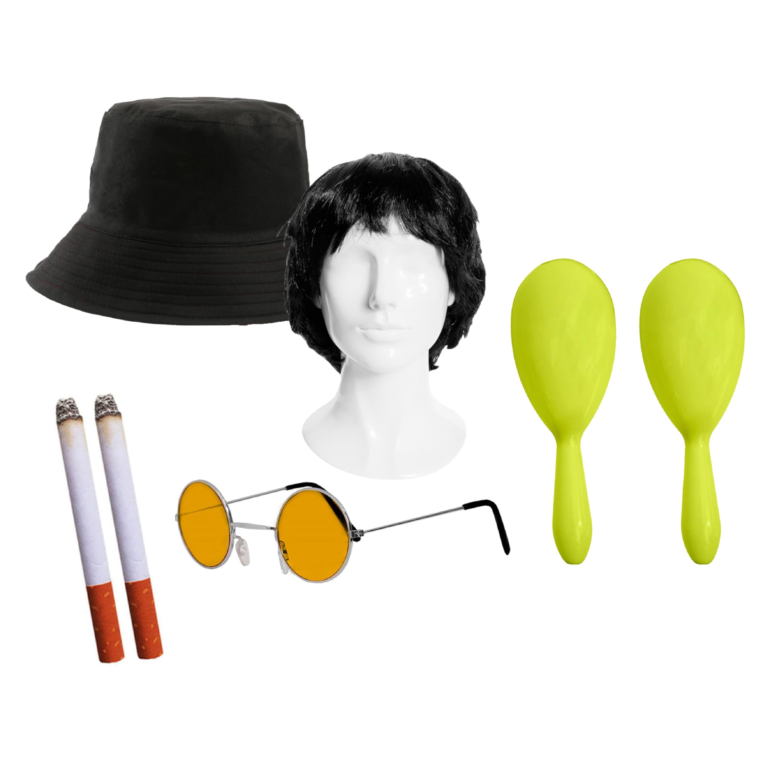 Adults Rock Band Accessory Set - Black Wig, Reversible England Bucket Hat, Round Orange Glasses, Yellow Maracas, Fake Cigarettes - Adults Music Best of British Party Fancy Dress Accessory Set