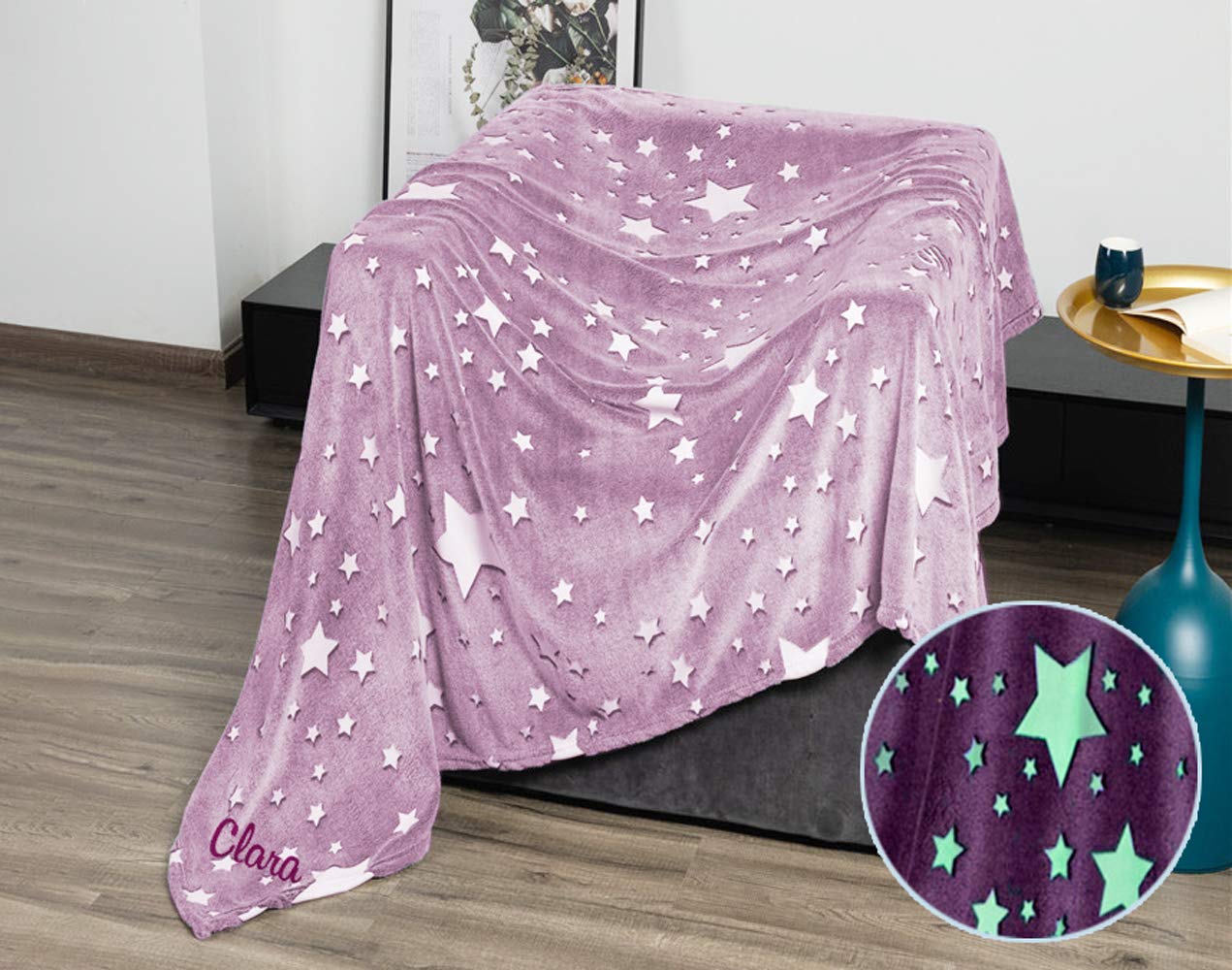 Regalo Original Manta de Estrellas Fluorescentes Personalizada con Nombre de coralina 250x150cm (Violeta)