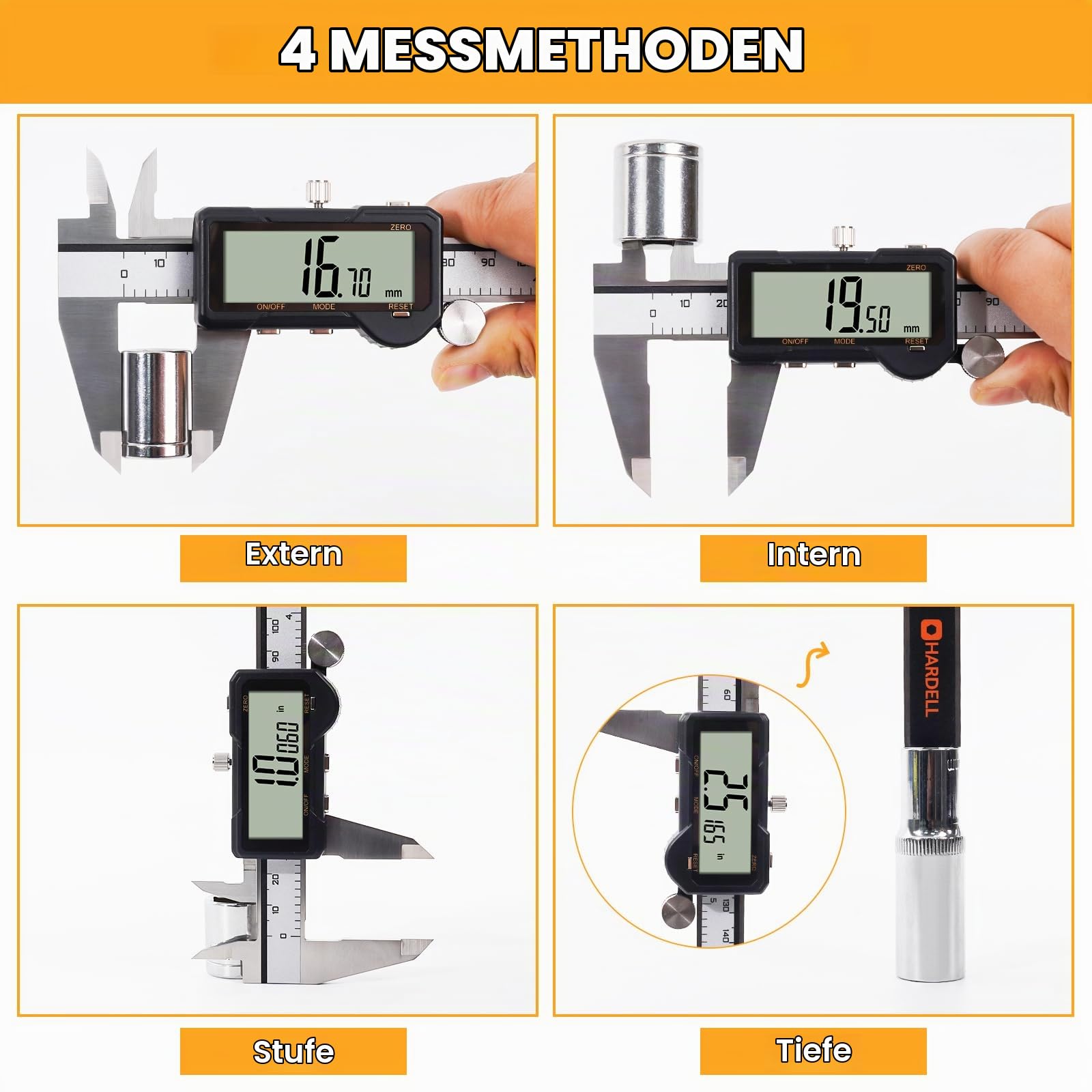 HARDELL Digitaler Messschieber 150 mm wiederaufladbar, LCD Display mit Reset-Funktion, Edelstahl, mm/Zoll/Bruch umschaltbar, Auto-Off, für Heimwerker, Hausgebrauch & 3D-Druck
