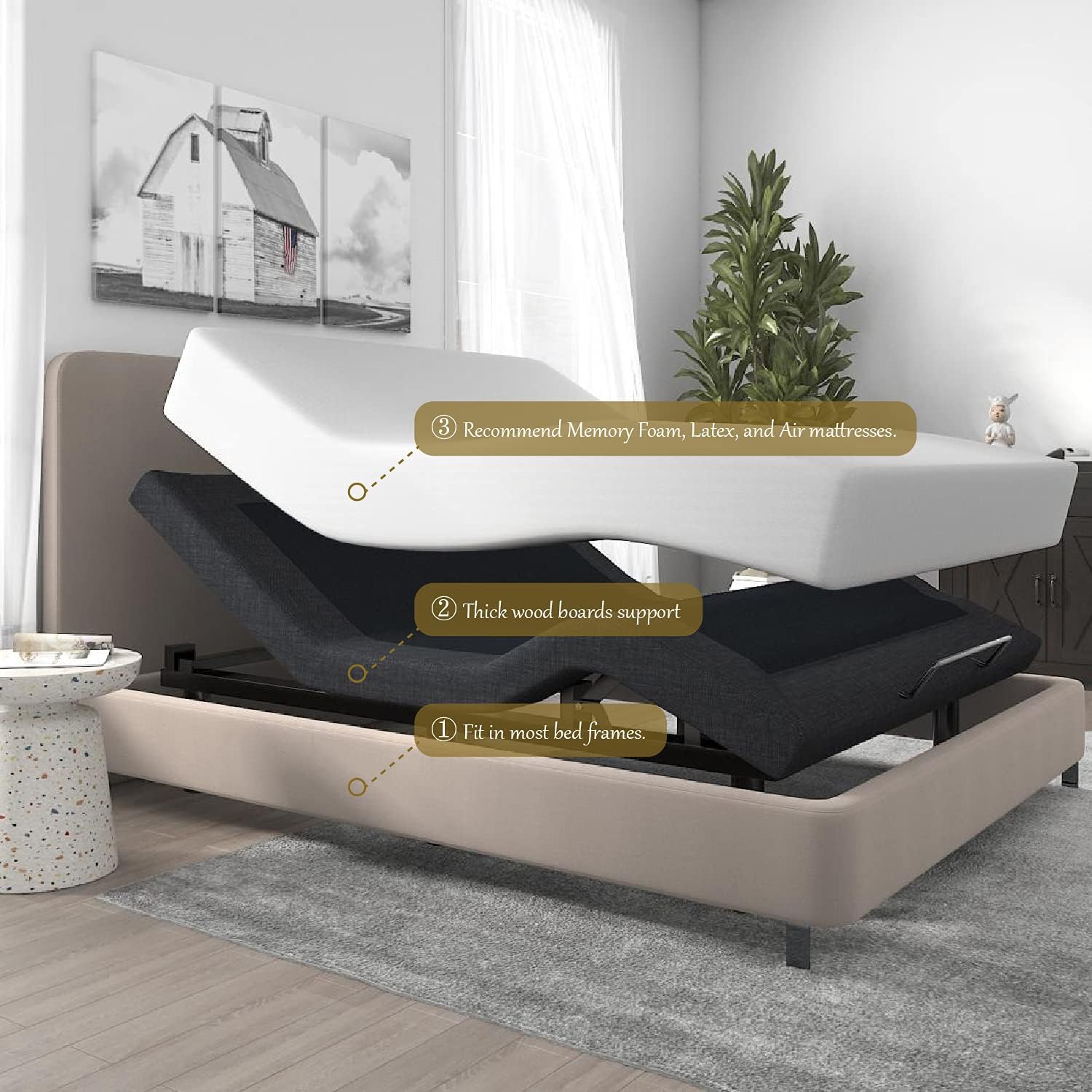 SHA CERLIN 14 Inch Twin XL Size Metal Adjustable Bed Base/Upholstered Bed Frame with Head and Foot Articulation Incline, Wireless Remote, Wood Board Support (Only Base)