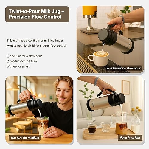 Miniatura 5 de Jarra de crema para café, jarra térmica de café de 0.75L25 onzas, jarras de café de acero inoxidable para mantener el calor y el frío, diseño de