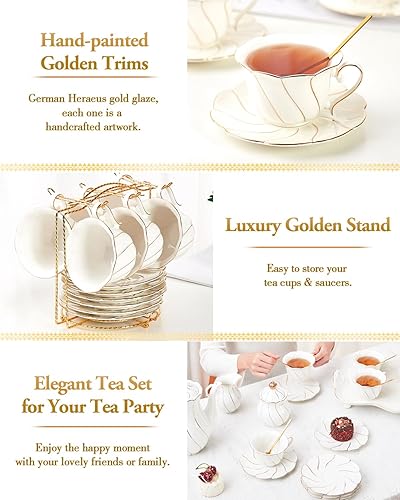 Miniatura 5 de DUJUST Juego de té de porcelana blanca de 22 piezas para 6, juego de tazas de té y café de lujo estilo británico con ribete dorado, hermoso juego de