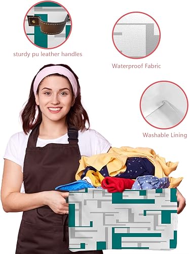 Miniatura 4 de Cesta de almacenamiento gris verde azulado para organizar estantes, cajas de almacenamiento plegables con asa, cesta de lona moderna geométrica
