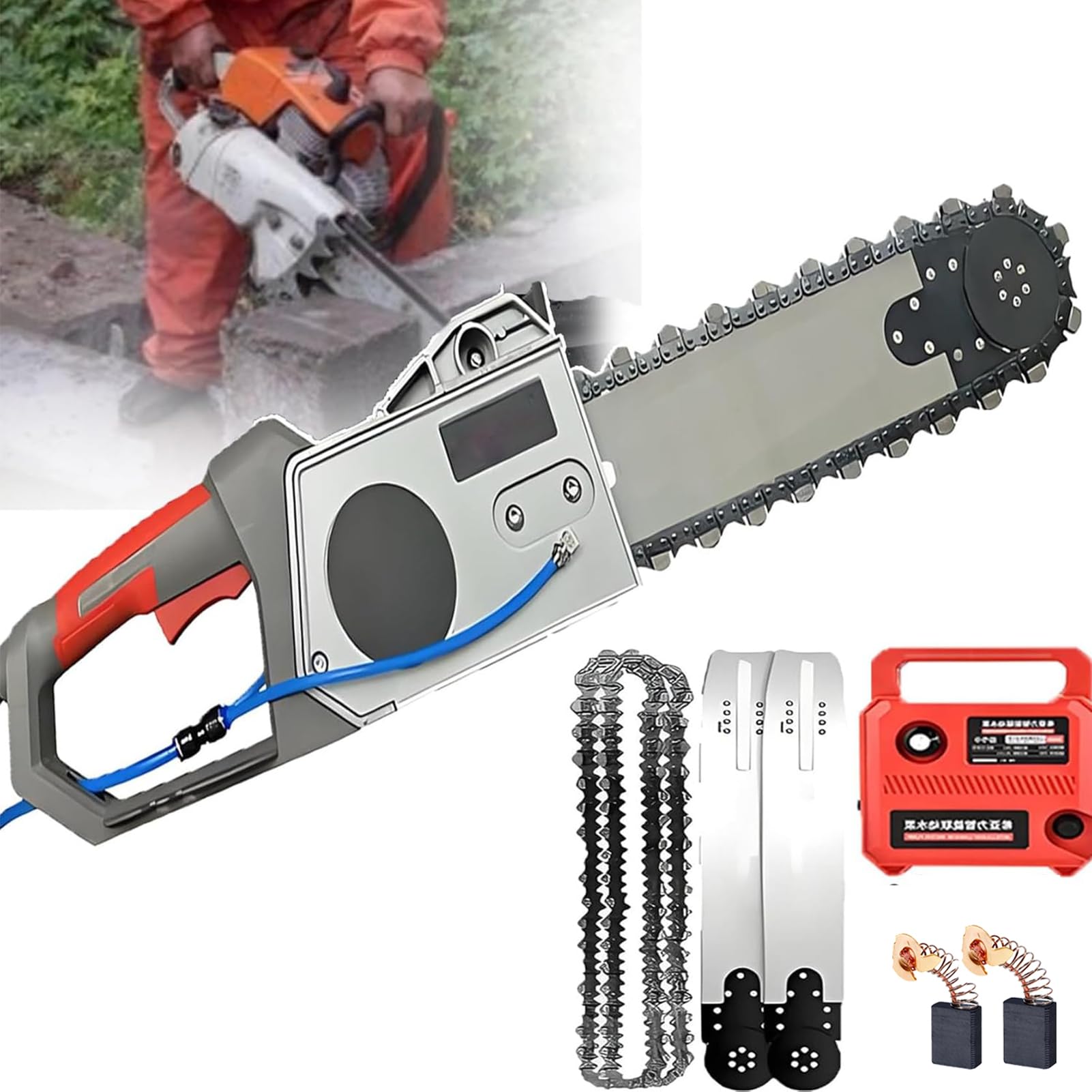 Ręczna elektryczna piła łańcuchowa do cięcia ścian 5800 W/6500 W – maszyna do cięcia betonu z prowadnicą 35/48 cm, łańcuch diamentowy, 2 szczotki węglowe, tłumienie pyłu zasilanego wodą do betonu