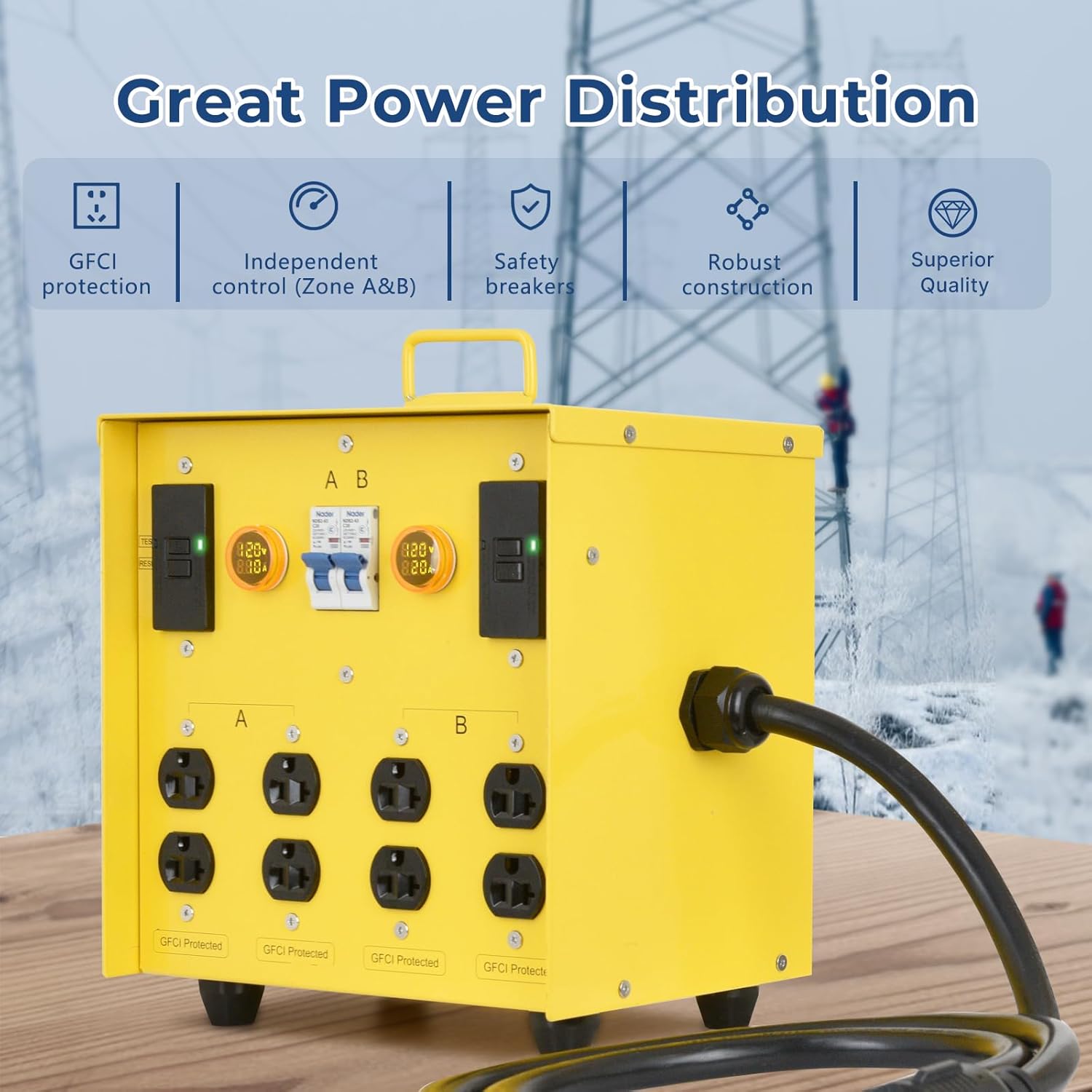 30-Amp Portable Power Center, Split 240VAC Input into 2 Separate 120VAC Output, A&B Zone Independent Control with 2 Mini Voltmeter and Ammeter - Image 2