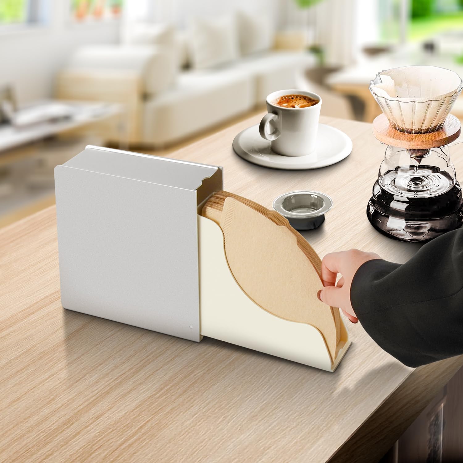 Cone Coffee Filter Holder Storage - Frosted Silver Pour Over 04 03 02 01 Cone & V60 Coffee Paper Filters Holders Container Dispenser for Counter