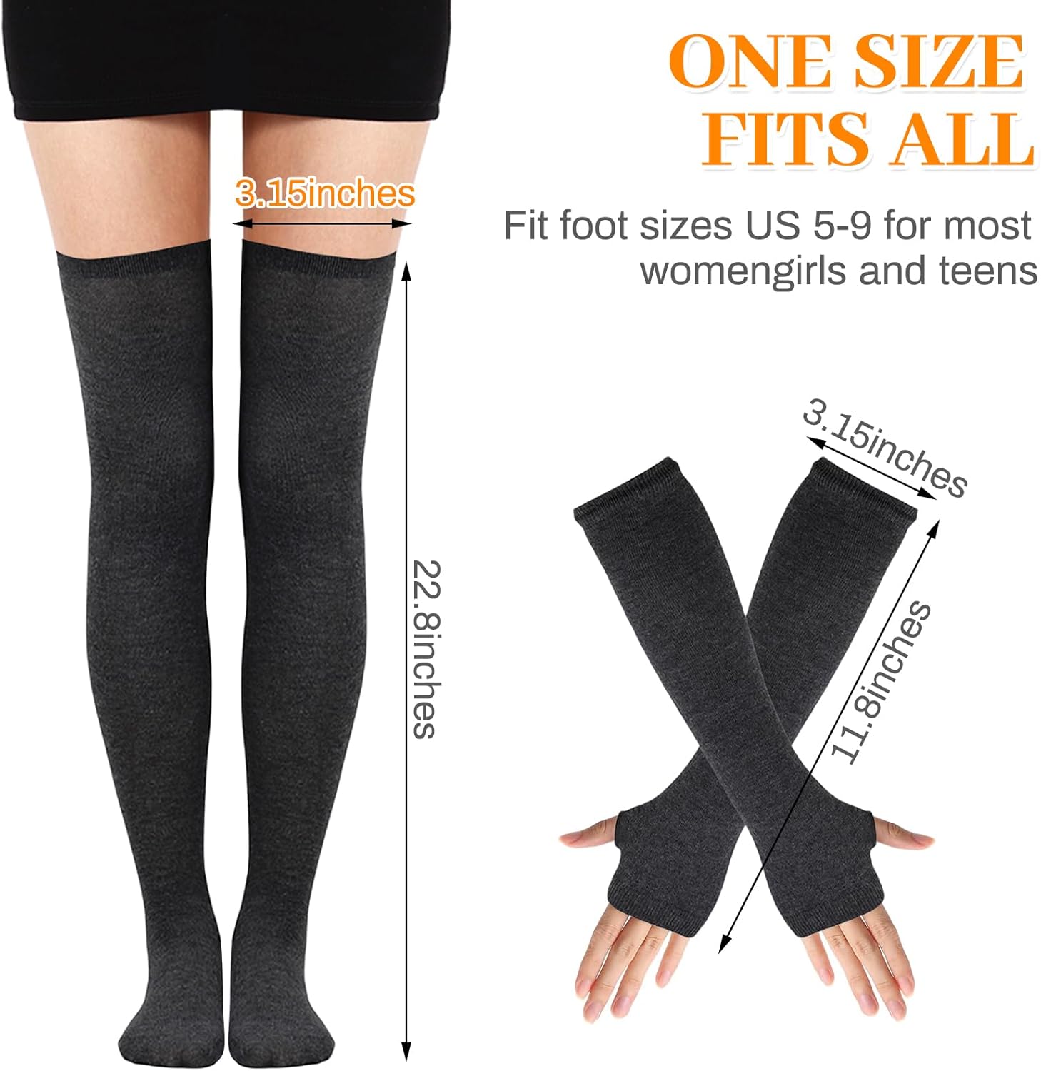 4 Sets Striped Thigh High Socks Leg Warmers Long Knitted Arm Warmers,Knee High Socks for Women Fingerless Gloves - Image 3