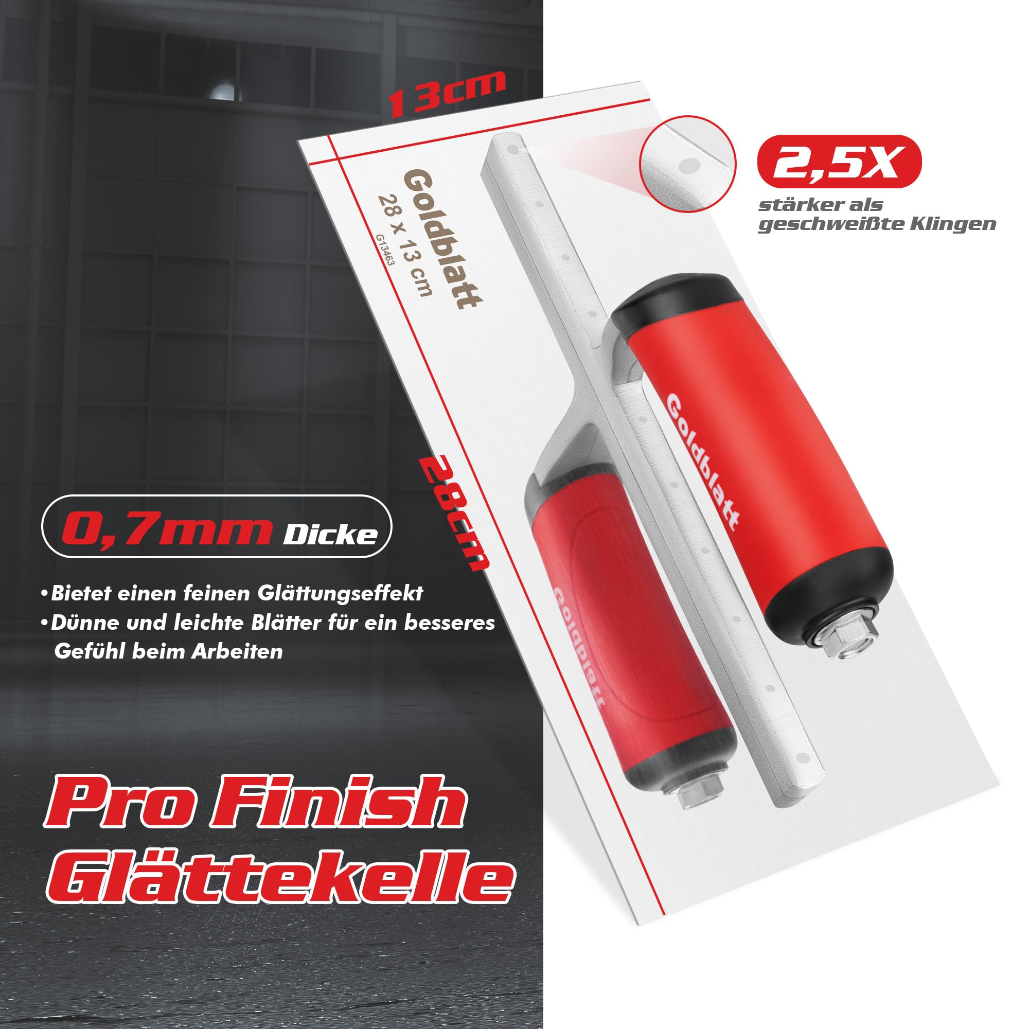 Goldblatt Glättekelle Edelstahl Kelle: Rostfreier Spachtel für Trockenbau und Finish, Robuste Nietenkonstruktion, Ergonomischer Griff, Flache Klinge, Ideal für Zement, Mörtel und Putze 280 x 130 mm