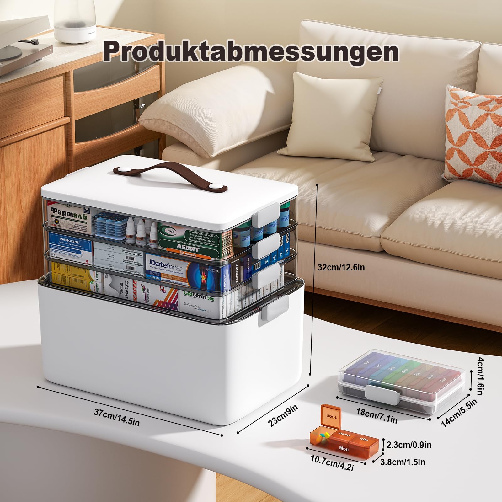 Boîte de rangement pour médicaments MOPUP à quatre compartiments avec poignée de transport, organisateur de médicaments multifonctionnel, boîte de rangement pour l'armoire à pharmacie (Extra large)
