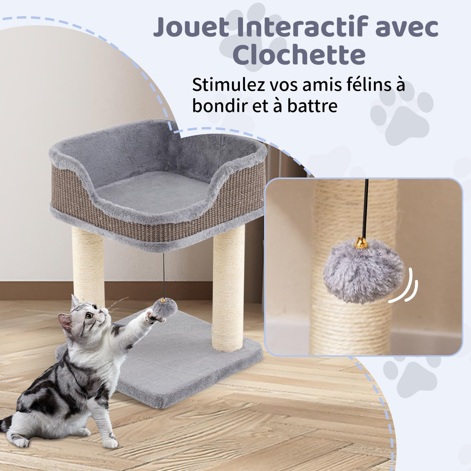 GOPLUS Arbre a Chat à 2 Niveaux avec Balle Suspendue et Clochette, Arbre à Chat Petit avec Perchoir en Peluche, 2 Poteaux à Gratter en Sisal, Centre d'Activité pour Chatons d'Intérieur (Gris)