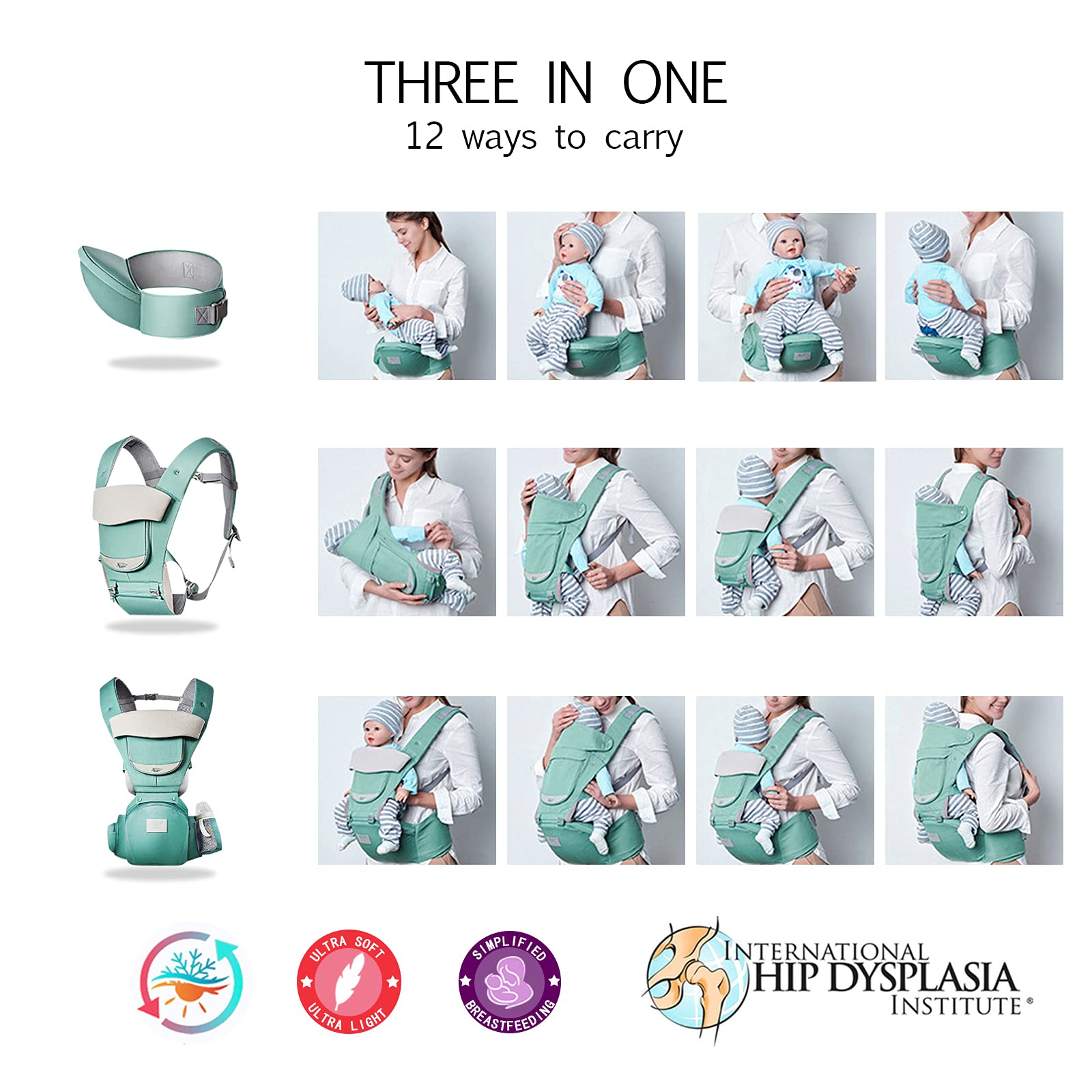 SONARIN Multifunktions 3-in-1 Babytrage mit Hüftsitz,Reine Baumwolle 3D Air Mesh Atmungsaktive Babytrage für Baby 0-36 Monate,Ergonomisch,Einstellbar,Alle Positionen,Bis zu 30 KG(Blau)