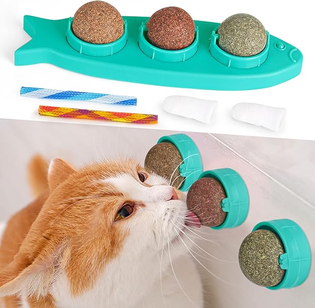 Catnip Balls Toy for Cats, MOMSIV Rotatable Edible Silvervine Gall Nut Licking Treat Toy Wall Ball for Indoor Cat Chew with 2pcs Dog Cat Finger Cleaning Toothbrush & Kitty Spring Interactive Toy, Blue