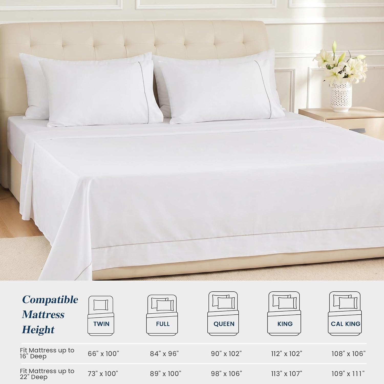 Sunflower 100% Cotton Twin Flat Sheets 2 Pack Soft Top Bed Sheets, White | Sateen Bedding Luxury Hotel Quality 66” x 100” Fit Mattresses 8”-16” Deep, 4” Hem, Durable & Breathable