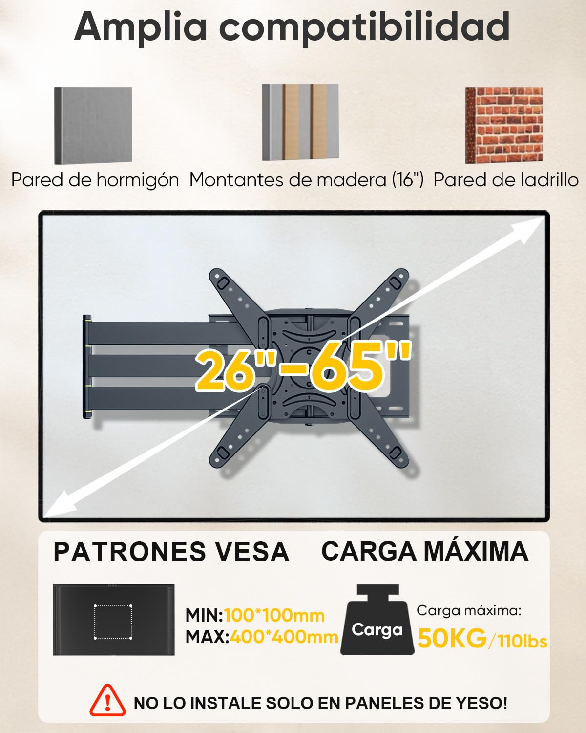 Soporte de Pared para TV de Largo Alcance con Brazos Articulados 1219mm, Soporte Pared TV con Giro e Inclinación de 90 Grados para Televisores de 26 a 65 Pulgadas de hasta 50kg, VESA 400x400mm