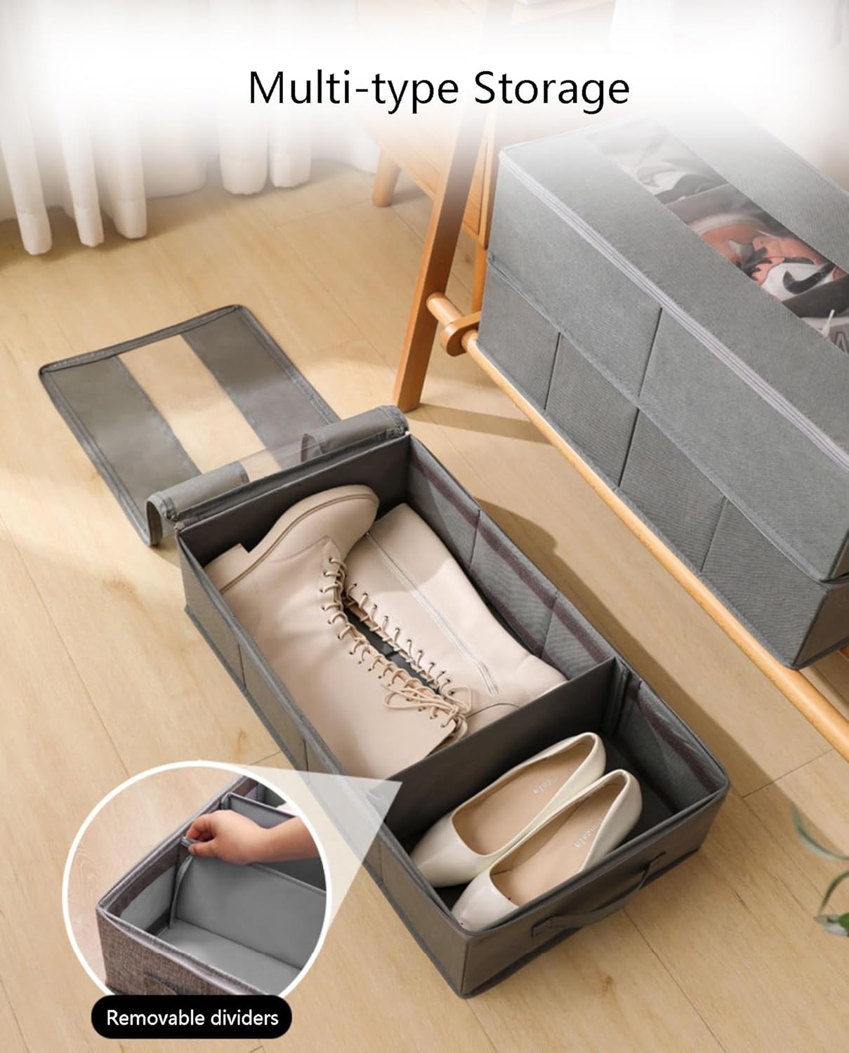 Space-saving Under Bed Storage Containers with Partitions and Clear Window, Large Capacity Soft Comforter Storage Bag, Multi-Purpose Bedroom Essentials Drawer for Shoe, Quilt ( Color : Beige-4 pcs , S