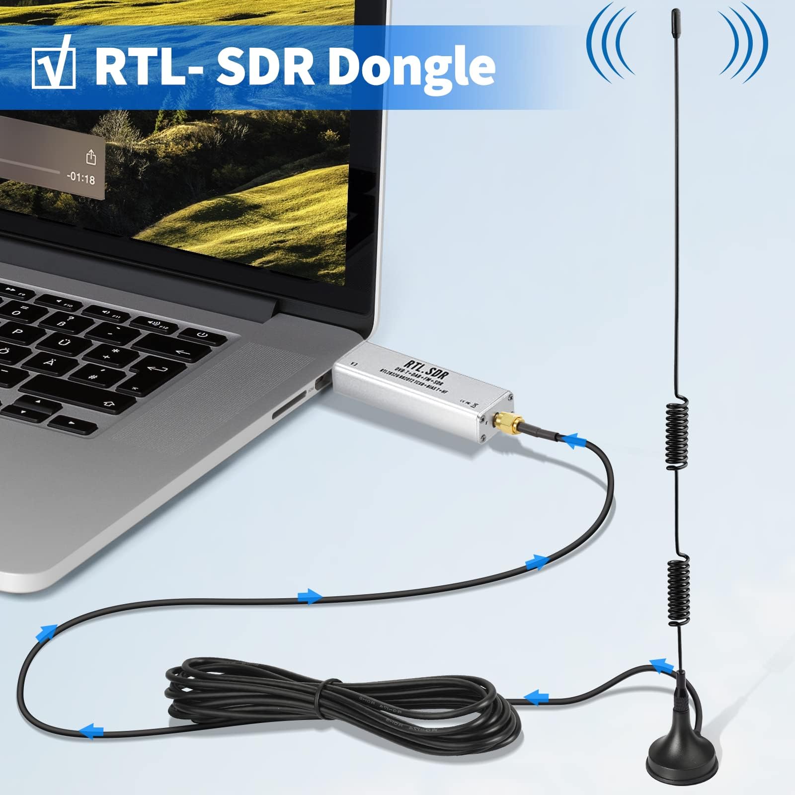 Bingfu Antenna RTL SDR Bibanda 978MHz 1090MHz 7dBi Base Magnetica SMA Maschio MCX per Ricevitore ADS-B Aviazione Radio Definito Software RTL SDR Ricevitore Sintonizzatore Dongle USB Stick