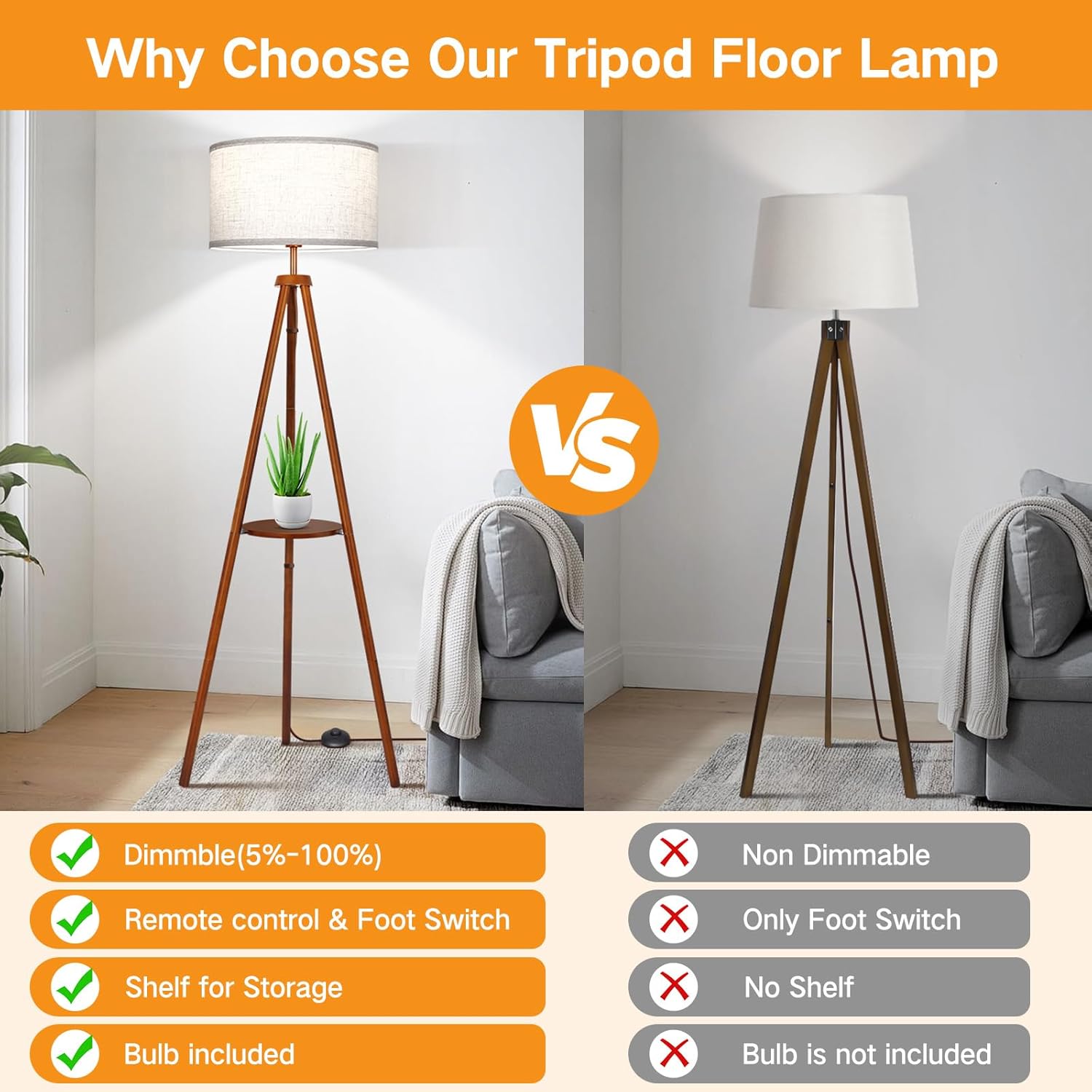 مصباح أرضي خشبي ثلاثي القوائم مع رف، LED قابل للتع...