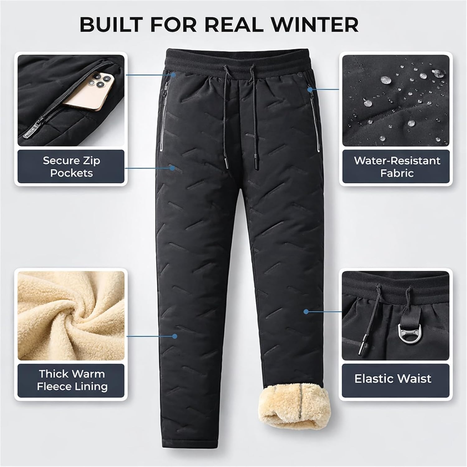 Unisex Fleece-Lined Waterproof Pants, Sweatpants for Men Women, Warm Joggers with Pockets