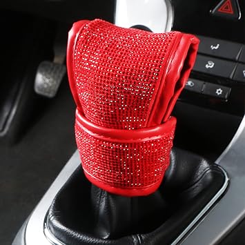 Bling Auto Shift Gear Cover, Leather Auto Gear Shift Knob Cover with Crystal Glitter Bling Rhinestones for Girls,Lady Universal Fit Red