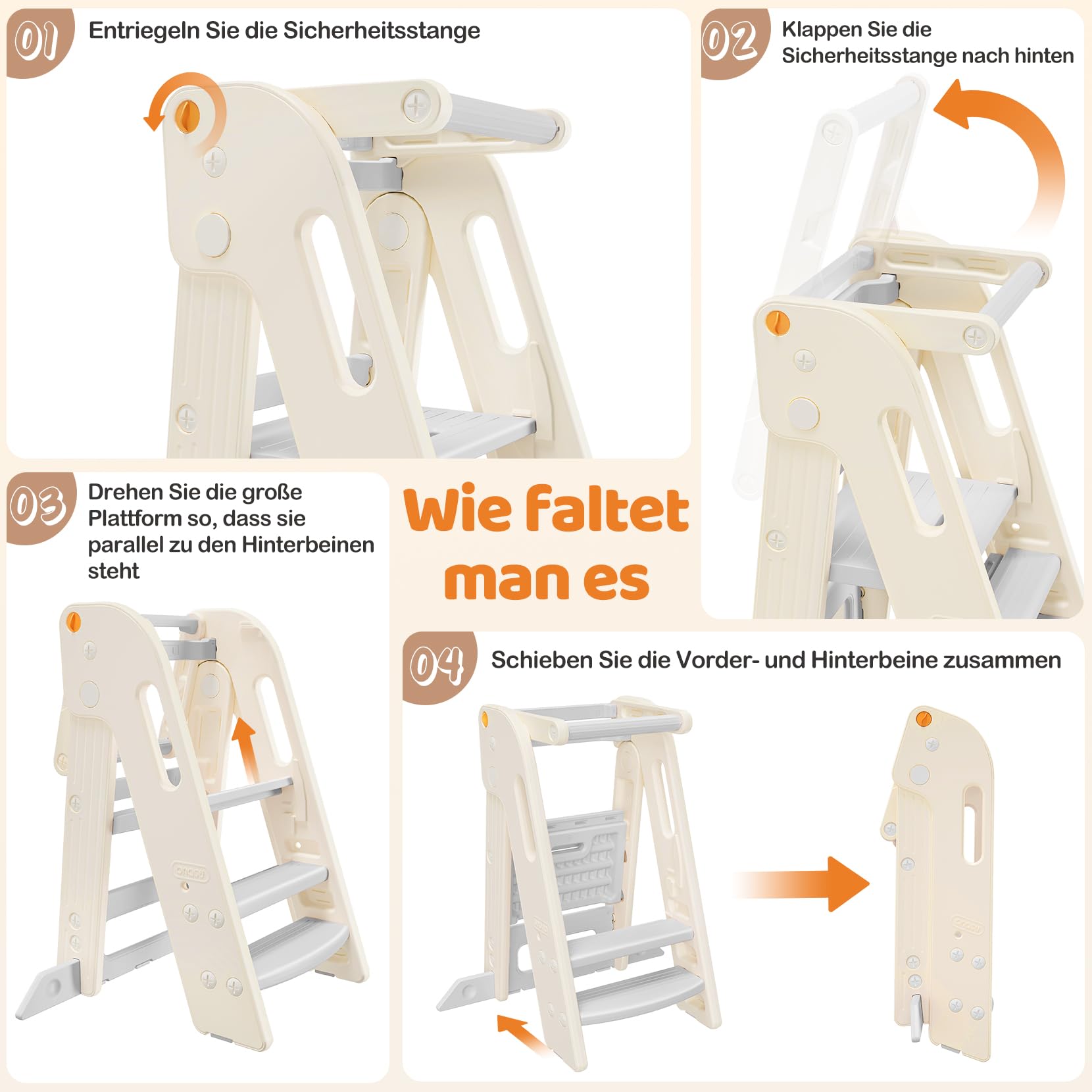 Lernturm für Kinder mit Sicherheitsgeländer, Lernturm Klappbar, Höhenverstellbar, Learning Tower mit Kippschutz & Anti-Rutsch-Trittfläche, für Küche, Badezimmer und Waschbecken (Creme-weiß)