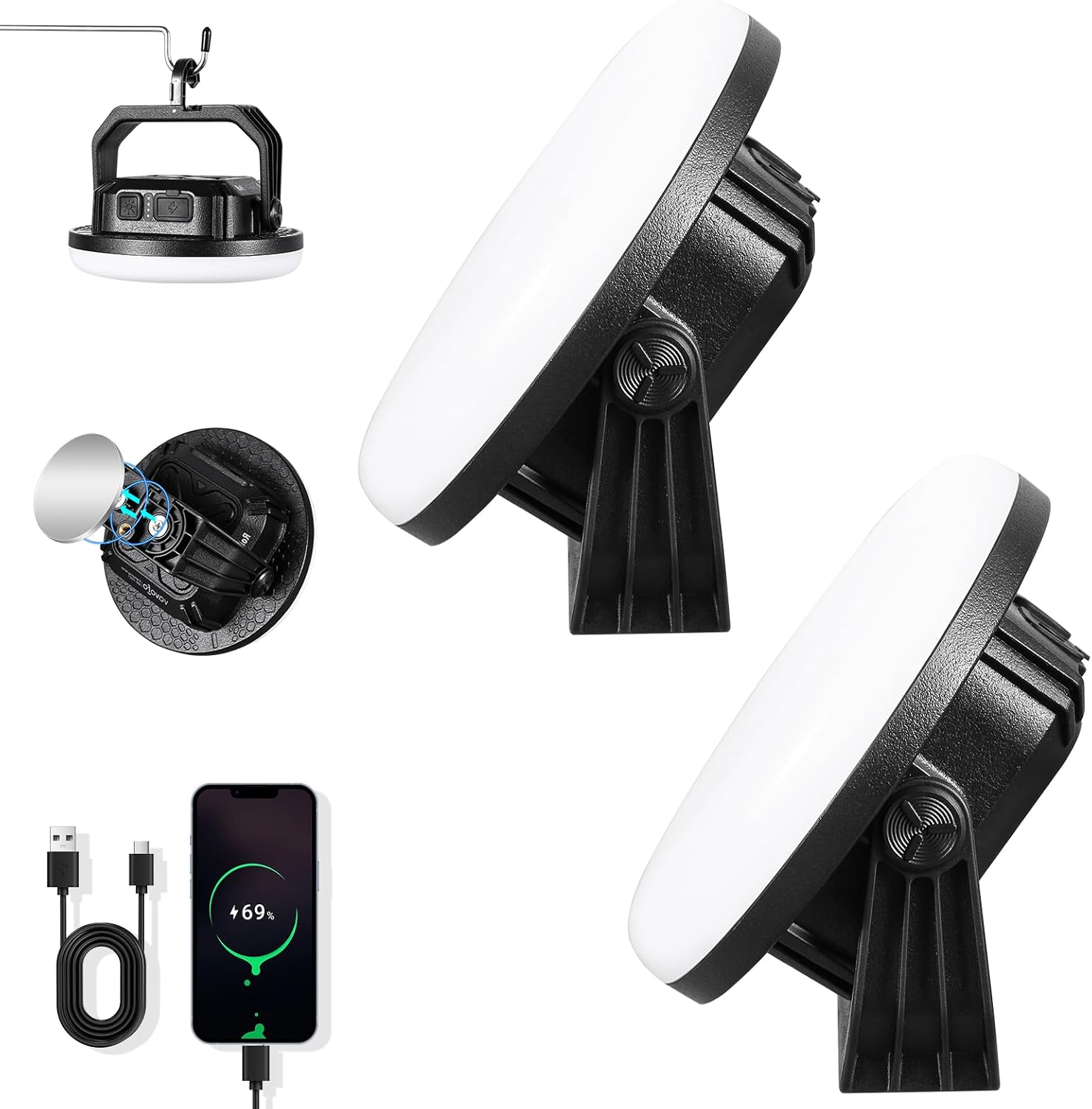 VAVOFO 2Pcs 7200mAh 3000LM LED Camping Lantern Rechargeable, 3 Lighting Modes, Portable Tent Light with Magnet, IP65 Waterproof Hanging Light for Emergencies, Power Outages ,Hurricane（2Pcs）