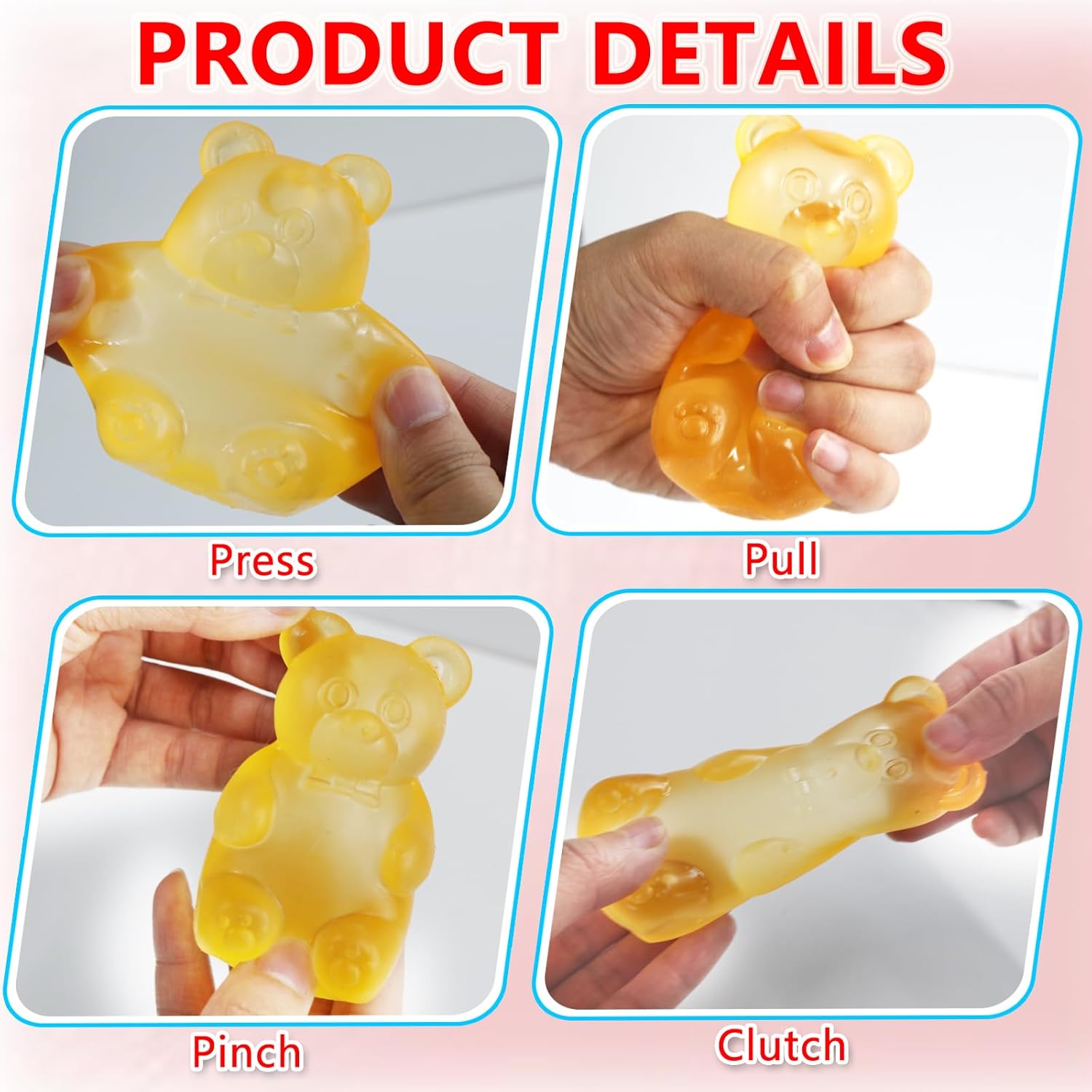 5PCS Gummy Bear Stress Toys |Sugar Filled Bear Squishy Toys|Gel Ultra Squishies High Density Squeeze Balls |Classroom Prize Party Favors Toys Tall 3.5 Inches Colors May Vary - Image 4