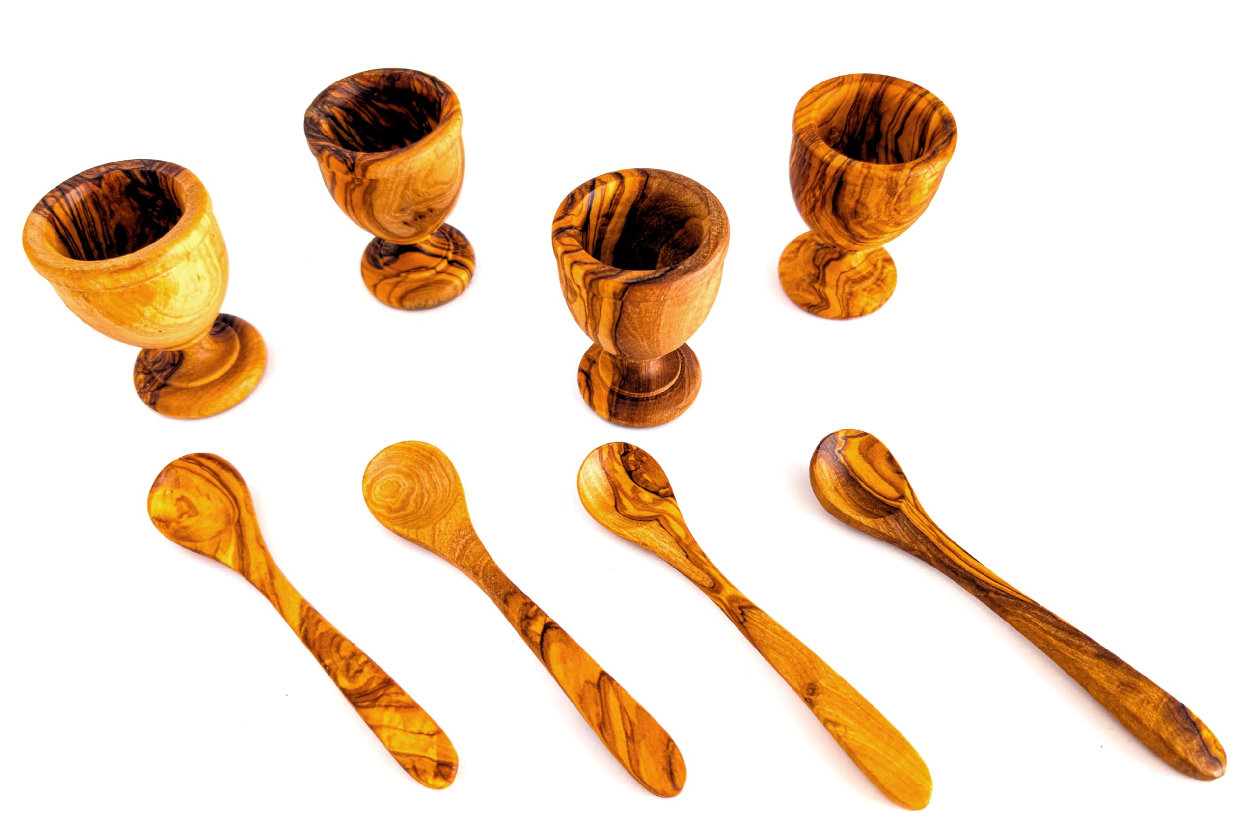 EMNA Lot de 8 coquetiers en bois d'olivier - 4 coquetiers tournés à la main et 4 cuillères en bois - Idée cadeau élégante pour Pâques et Noël - Coffret cadeau exclusif avec certificat d'authenticité
