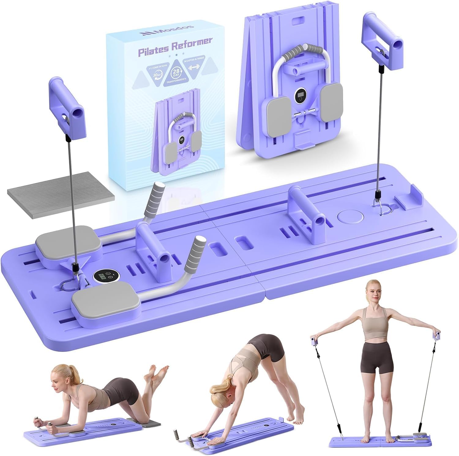 Mosdos Foldable Portable Pilates Reformer, Auto-Rebound Core Trainer for Home Gym, 300lbs Weight Capacity, Full Body Workout Equipment for Men and Women-Purple