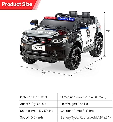 Miniatura 5 de GLACER Auto eléctrico para niños, auto de policía de 12 V con control remoto de cambio de 3 velocidades de 2.4 G, megáfono real, luz intermitente de