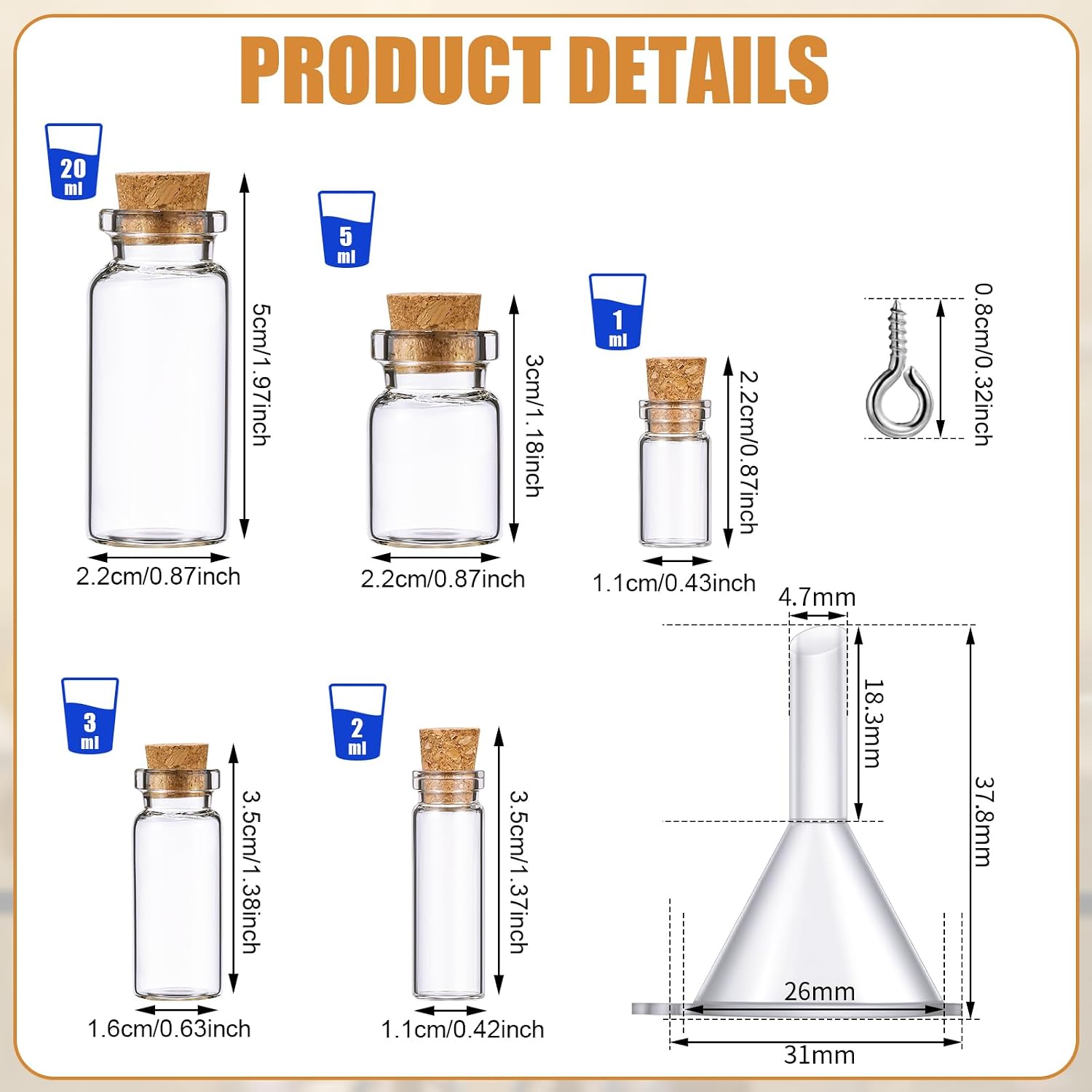 Sherli 45 Pcs Mini Tiny Glass Jars Small Bottles with Cork Stoppers Spell Jars with Eye Screws and Funnels Tiny Cork Glass Bottles for DIY Art Craft (1ml, 2ml, 3ml, 5ml, 10ml)
