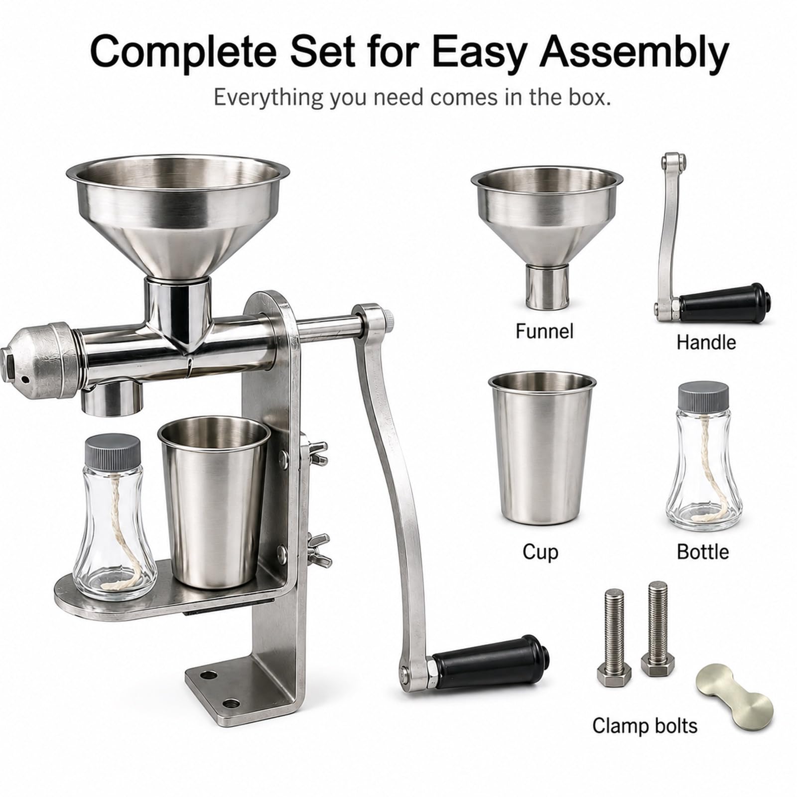 Prensa de Aceite Manual, Acero Inoxidable 304, prensado en frío | Para cacahuetes, sésamo, colza, girasol y semillas de té. Soporte de sobremesa con abrazadera resistente y colector.