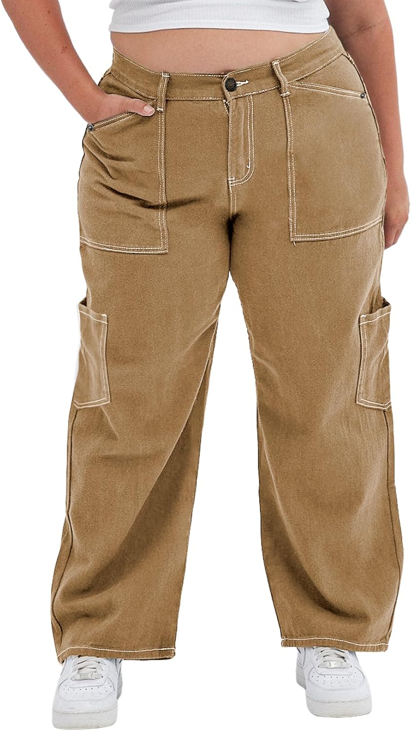 Eytino Womens Plus Size Cargo Pants High Waisted Stretch Wide Leg Baggy Pants Casual Trousers with Pockets(1X-5X)