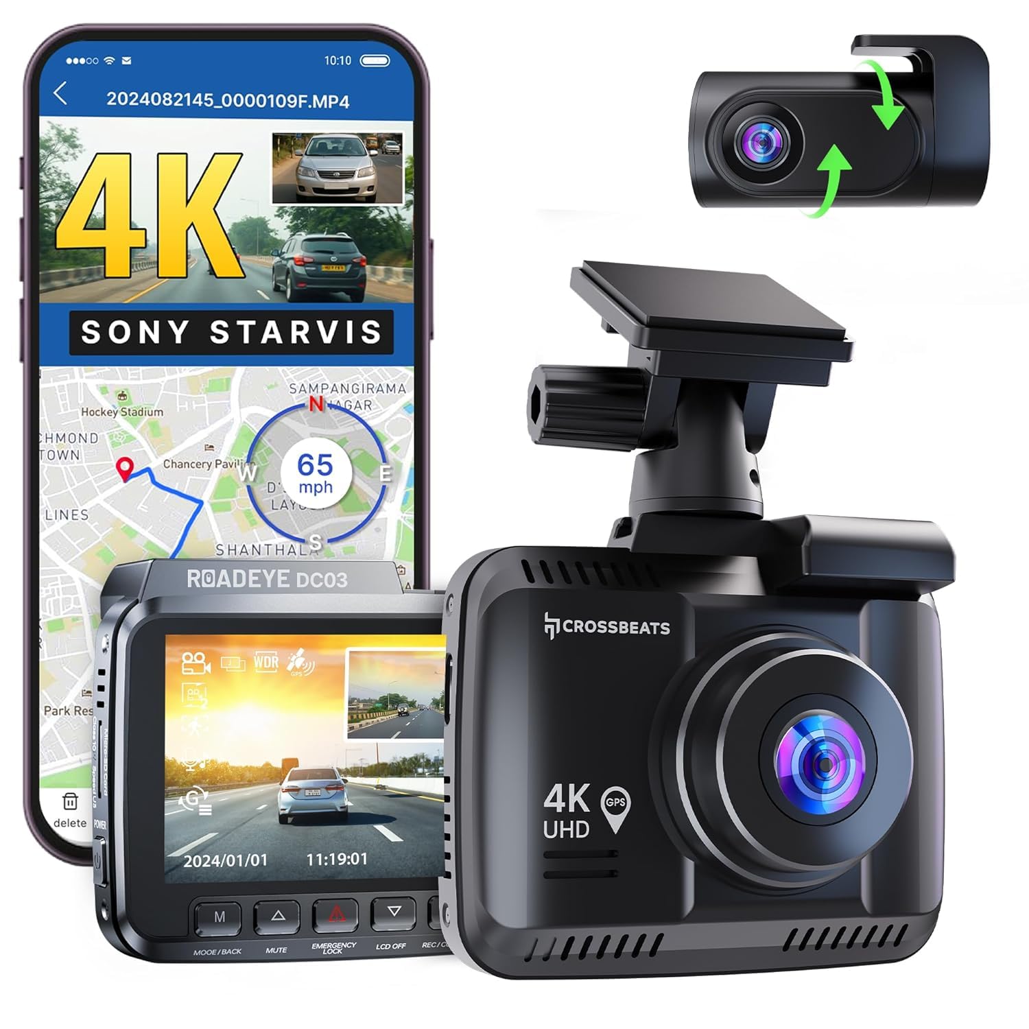 Crossbeats RoadEye 3.0 4K UHD 8MP Dash Camera for Car Front and Rear| Sony STARVIS IMX335 Sensor| GPS Logger & ADAS| 170° Wide Night Vision Dash cam for Car|G-Sensor| Loop Recorder| 512GB (New Model)-image-8