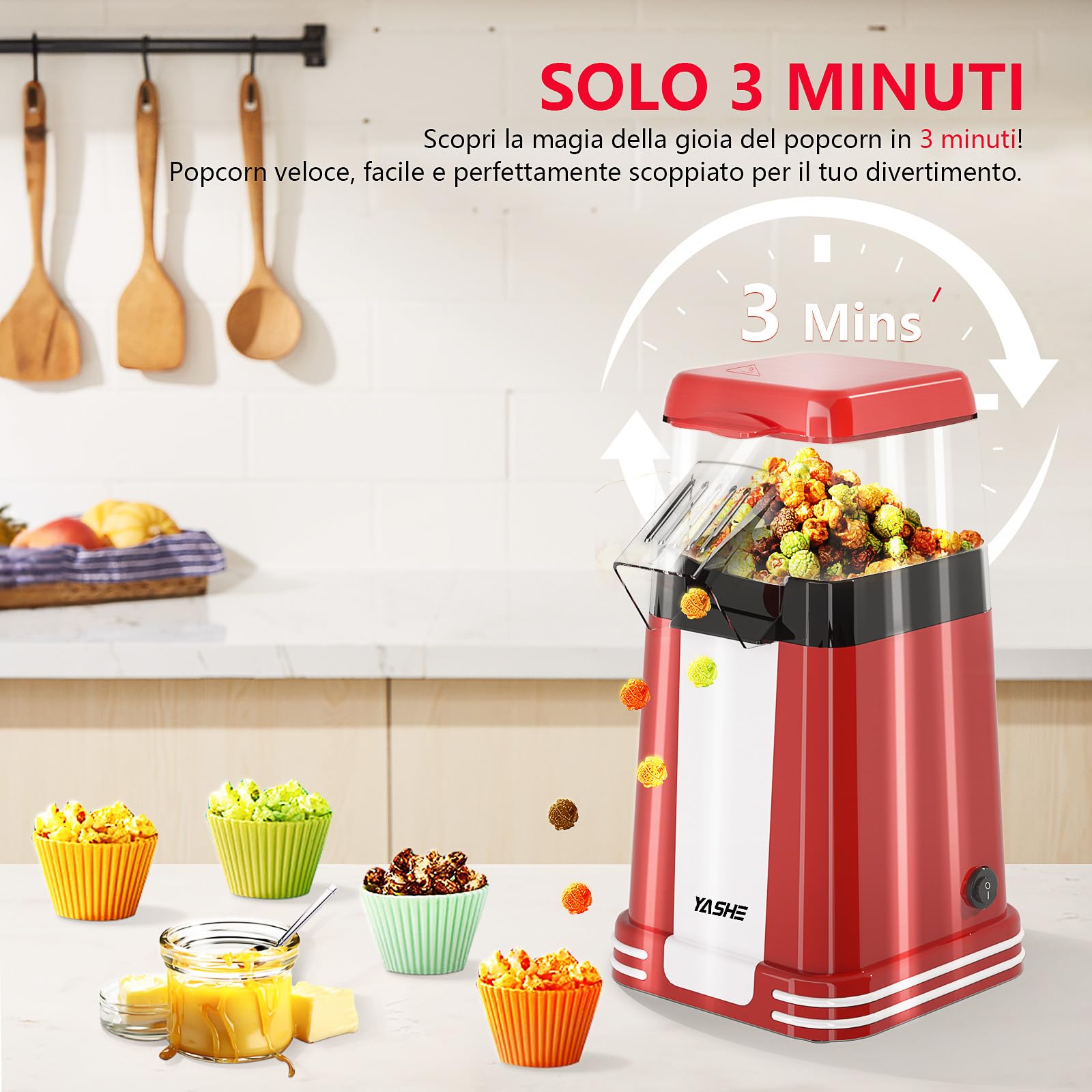 YASHE Popcorn Machine Retro, 1200W Hot Air Popcorn Maker con Misurino, One-Touch, Senza Olio, Perfetta per il Cinema Casa, le Serate Cinematografiche, le Feste