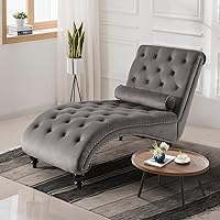 Vista 11 de Tumbona para interiores, moderna silla tapizada de terciopelo con botones y patas de madera maciza y almohada lumbar, sofá reclinable individual