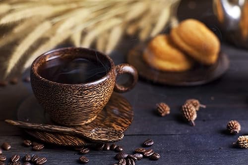 Miniatura 5 de Goodtime Taza de café de madera, 2 piezas de madera de coco natural con cucharas de acacia sólidas, tazas para café, té rústico, escritorio de tazas