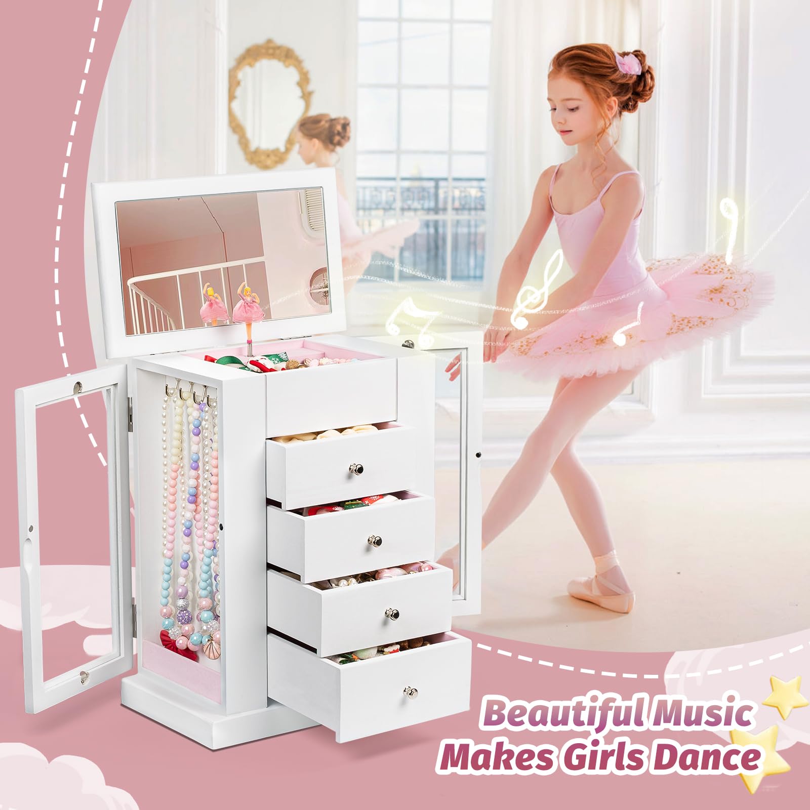 Joyero Musical Niña Madera Bailarina Giratoria 5 Niveles Regalo Blanco
