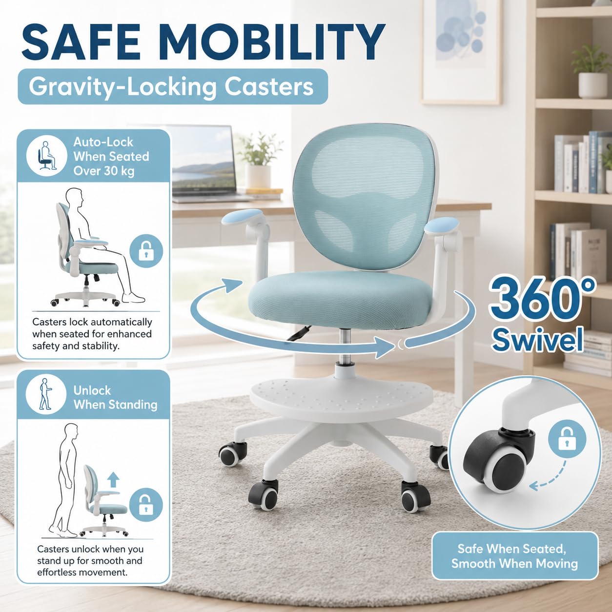 Sedia da scrivania per bambini, regolabile in altezza, 50 kg, blu | rete, schiuma, forma a sella, pieghevole a 90°, 50 kg, ruote a gravità, girevole a 360°, seduta da 10 cm + poggiapiedi, 5-13J