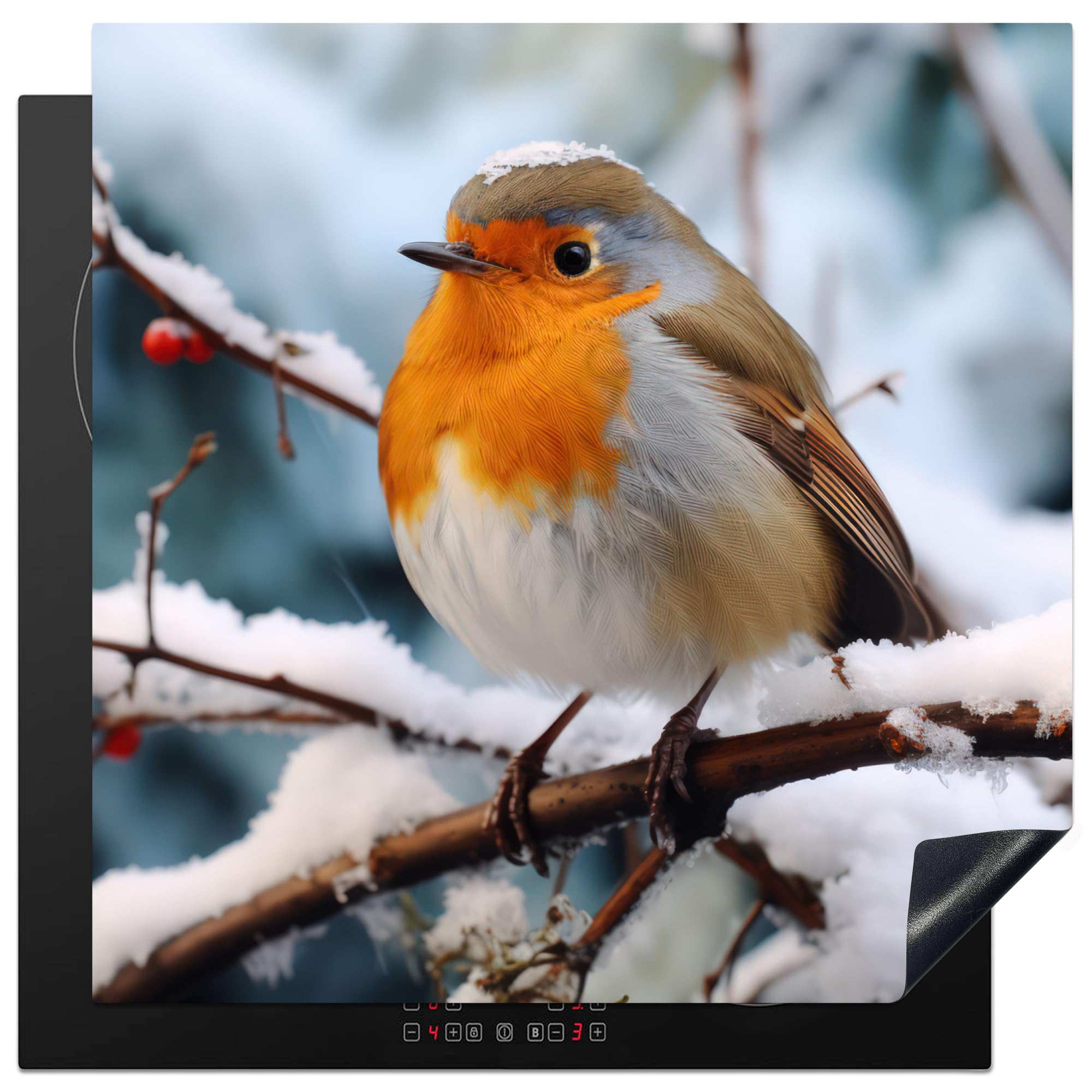 KitchenYeah© Induction Hob Protector Mat 30.7"x30.7" / 78x78 cm Stove Cap Top Cover Kitchen Cooker Covers for Electric Hobs Vinyl Robin - Winter - Snow - Bird - Nature