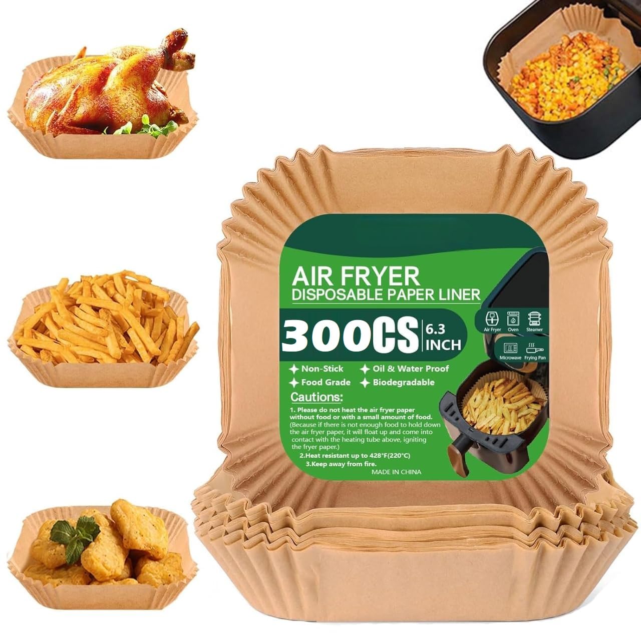 Umite Chef Air Fryer Disposable Paper Liners 300 PCS, Non-Stick Oil Proof Baking Parchment Paper Tray for Air Fryer, Microwave, Oven | Heat Resistant 428°F Food Grade Eco-Friendly Square Baking Dish-image-25
