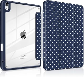 Case for iPad Air 11 Inch M4 M3 M2 2026 2025 2024, iPad Air 5th 4th Generation 10.9 Inch 2022 2020-[Pencil Holder], Shockproof Clear Hard Back, Trifold Stand,Auto Wake/Sleep, Navy Polka dot