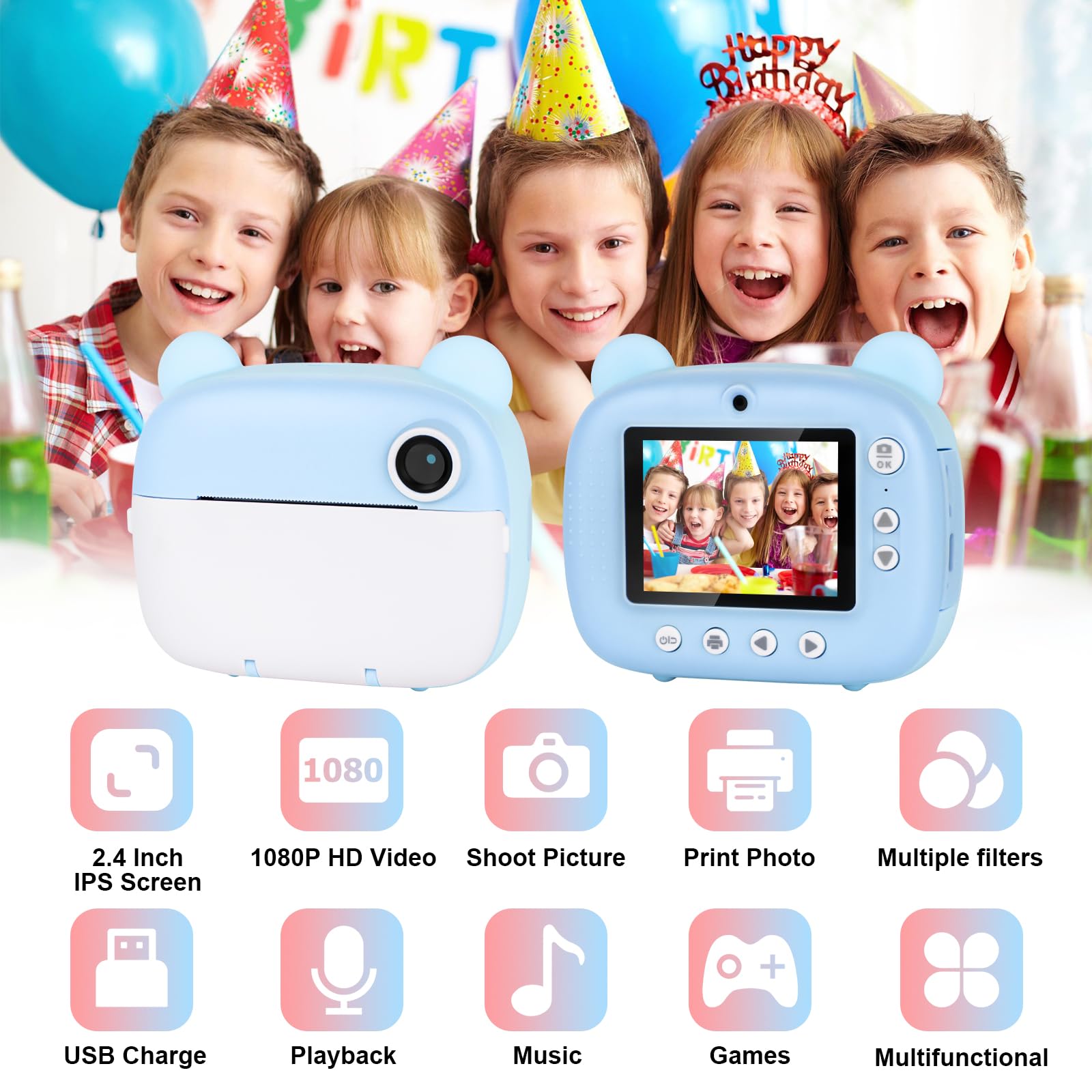 Fotocamera per bambini, 1080 p, fotocamera istantanea per bambini, con carta da 32 gb e carta fotografica, 3 – 12 anni, regalo di Natale per ragazze ragazzi (blu)