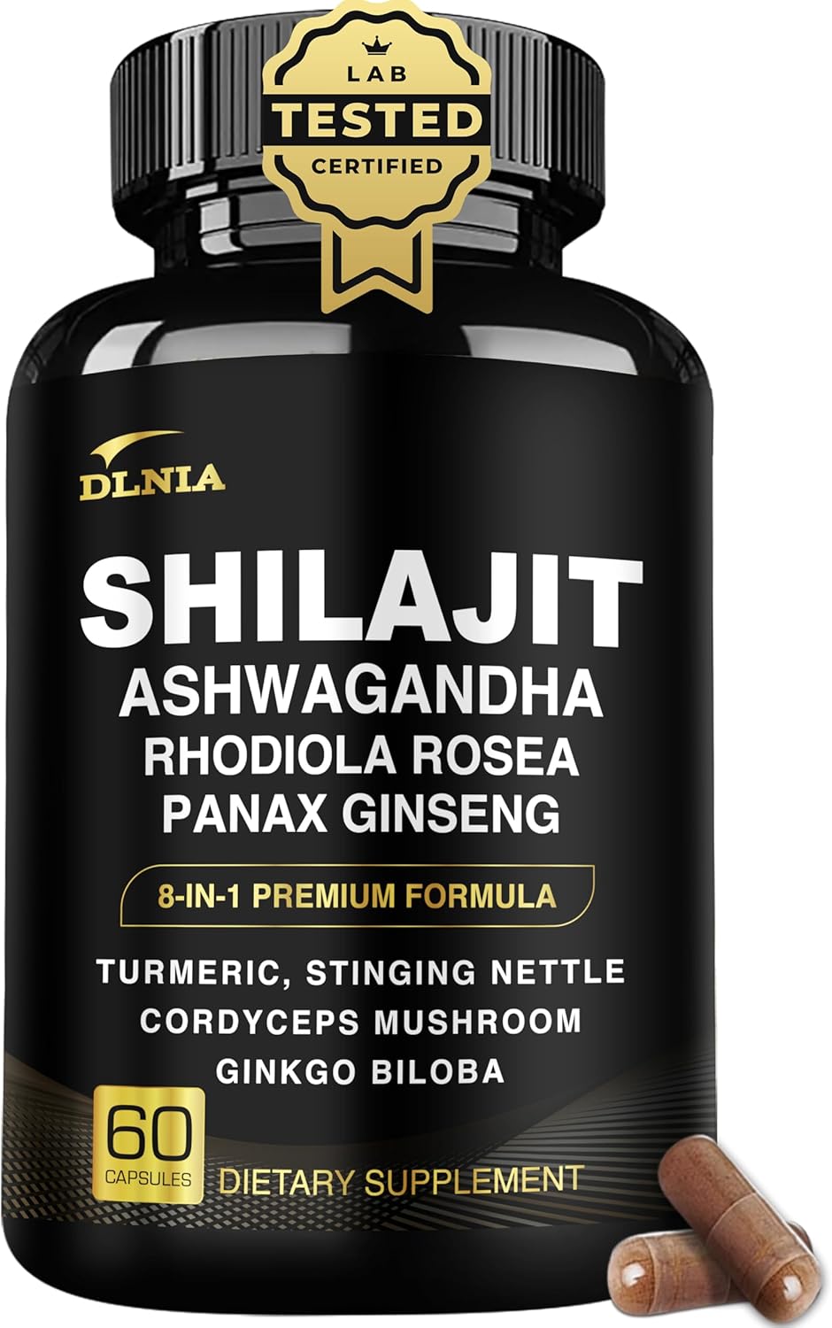 DLNIA 8-in-1 Shilajit for Men & Women with Ashwaganda Himalayan Organic Supplement with Rhodiola Rosea, Ginseng, Turmeric, Mushroom, for Immune Support, Energy, Calm, Focus, Clarity, Sleep, Cortisol