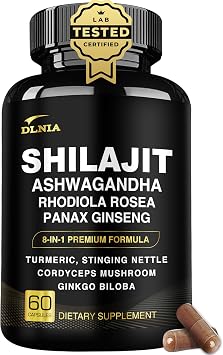 DLNIA 8-in-1 Shilajit for Men & Women with Ashwaganda Himalayan Organic Supplement with Rhodiola Rosea, Ginseng, Turmeric, Mushroom, for Immune Support, Energy, Calm, Focus, Clarity, Sleep, Cortisol