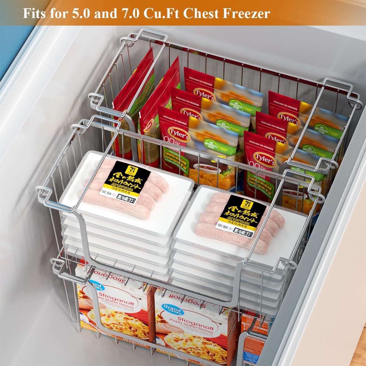 Orgneas Stacking Freezer Organizer Bins for 5.0Cu.Ft Chest Freezer, Small Stackable Chest Freezer Baskets Metal Wire Kitchen Pantry Storage Open Front Deep Freezer Bins with Foldable Handles, Set of 4