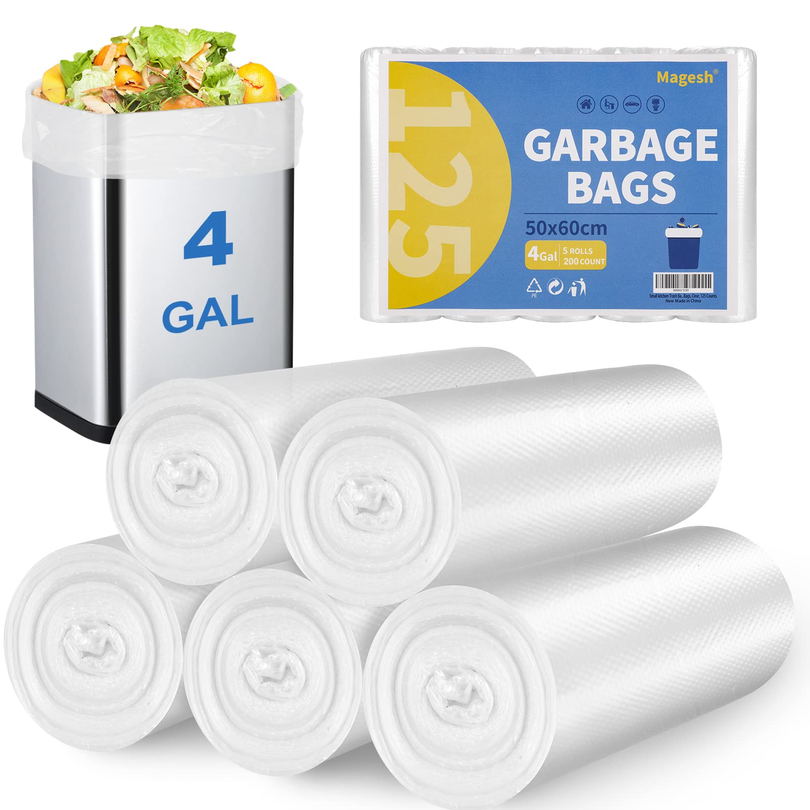 Small Trash Bags, Magesh 4 Gallon Trash Bag/Small Garbage Bags, Strong Wastebasket Liners for Bathroom Bedroom Office Trash Can, Clear 200 Counts