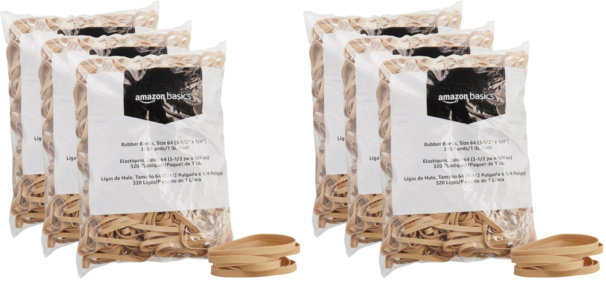 Amazon Basics Rubber Bands, Office Supplies, Size 64 (1/4"), 320 Bands/1 lb Pack, 6-Pack, Tan