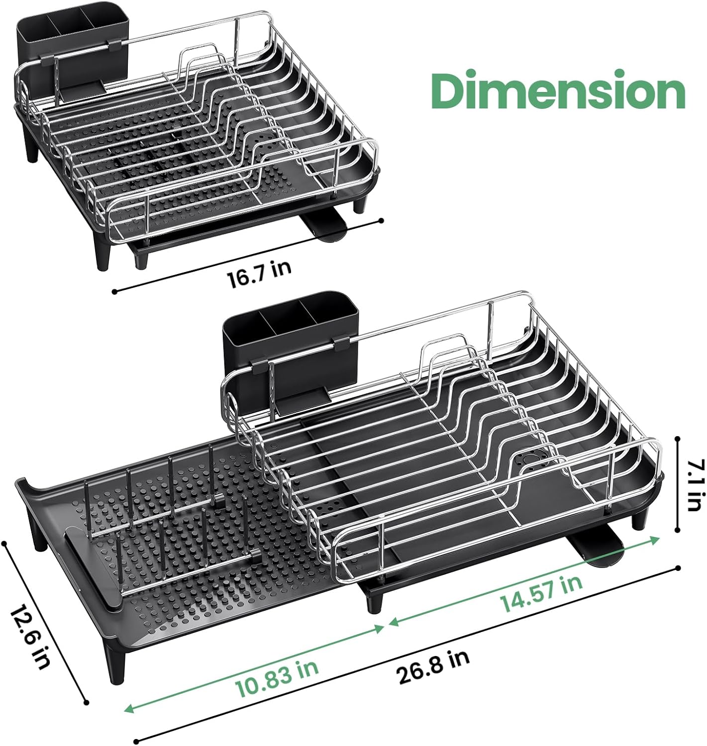 TOOLF Dish Drying Rack - Large Expandable Dish Rack for Kitchen Counter, Stainless Steel Dish Drainer for Kitchen Organization with Cutlery ＆ Cup Holder, Black